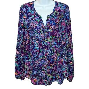 Lilly Pulitzer Womens XS Long Sleeve Button Down Top Purple Floral Print V-Neck